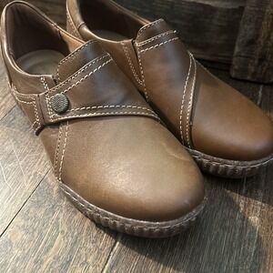 CLARKS CAROLINE PEARL DARK TAN LEATHER LOAFERS WALKING COMFORT SHOES WOMENS 7m